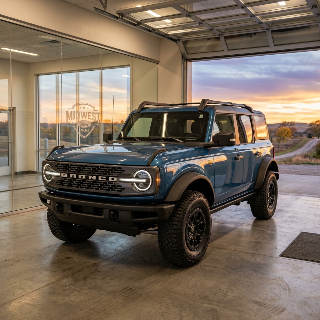 Blue Ford Bronco SUV parked inside a showroom garage bay with a scenic sunset outside. (Representative image for illustration purposes only. Actual vehicle may vary based on trim and configuration.)