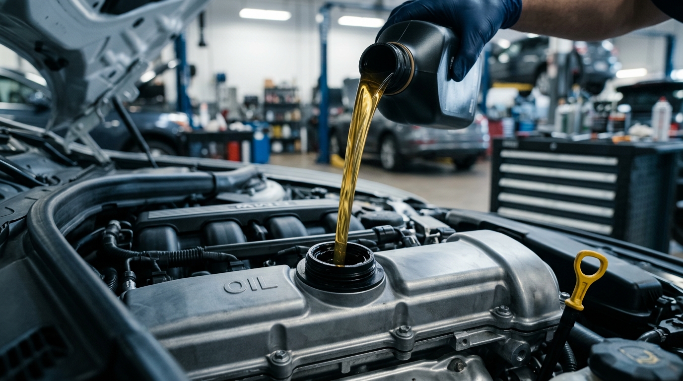 Fresh golden engine oil pouring from a bottle into a car's engine oil filler port in a repair shop. (Representative image for illustration purposes only. Actual vehicle may vary based on trim and configuration.)