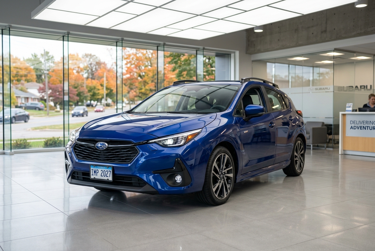 Blue Subaru Impreza hatchback parked inside a bright car dealership showroom with autumn trees visible outside. (Representative image for illustration purposes only. Actual vehicle may vary based on trim and configuration.)