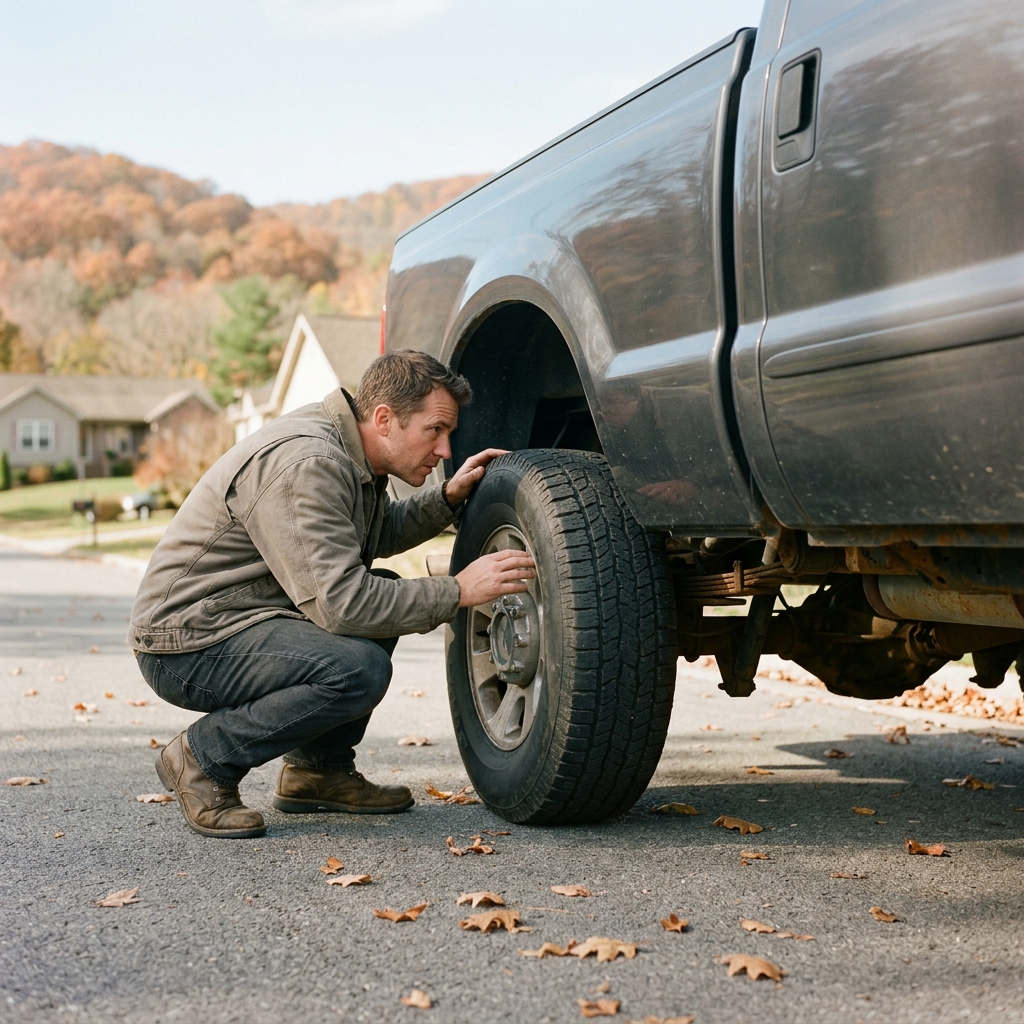 A man in a jacket crouches on a residential street to inspect the rear tire and wheel of a grey pickup truck. (Representative image for illustration purposes only. Actual vehicle may vary based on trim and configuration.)