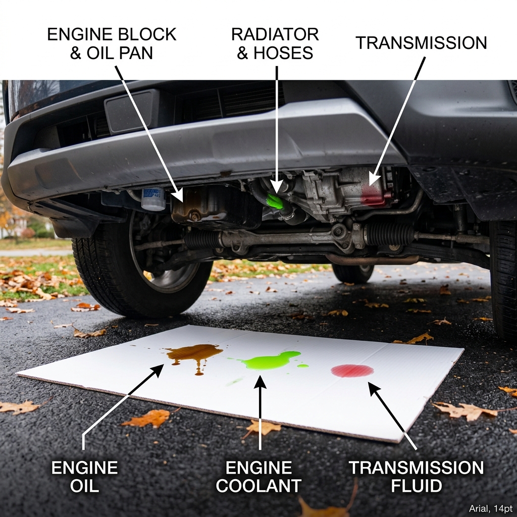 Diagram showing car undercarriage and cardboard catching brown engine oil, green coolant, and red transmission fluid. (Representative image for illustration purposes only. Actual vehicle may vary based on trim and configuration.)