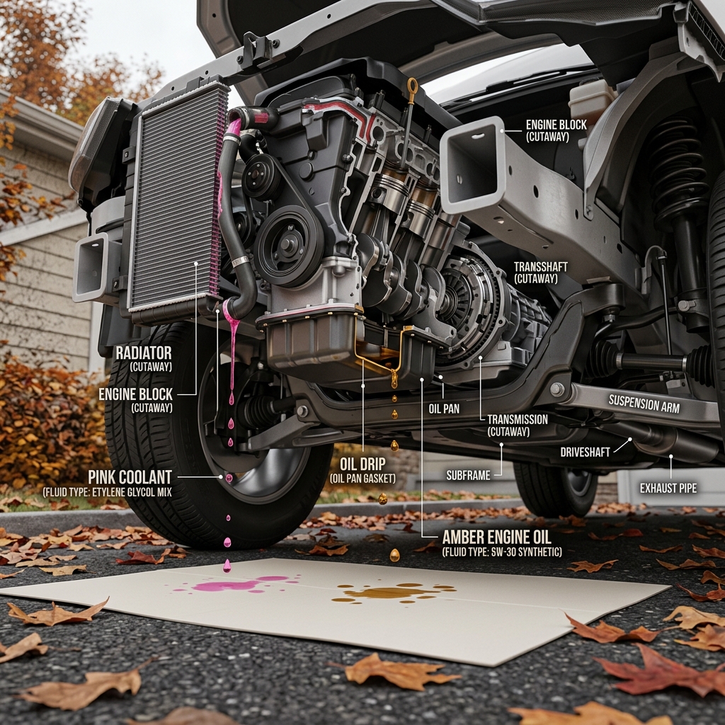 Detailed cutaway diagram of a car engine demonstrating pink coolant and amber engine oil leaks onto cardboard. (Representative image for illustration purposes only. Actual vehicle may vary based on trim and configuration.)