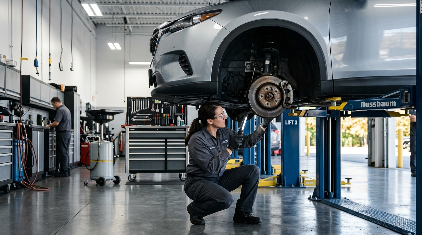 Female mechanic holding a flashlight while inspecting a vehicle's brake rotor on a hydraulic lift in an auto shop. (Representative image for illustration purposes only. Actual vehicle may vary based on trim and configuration.)