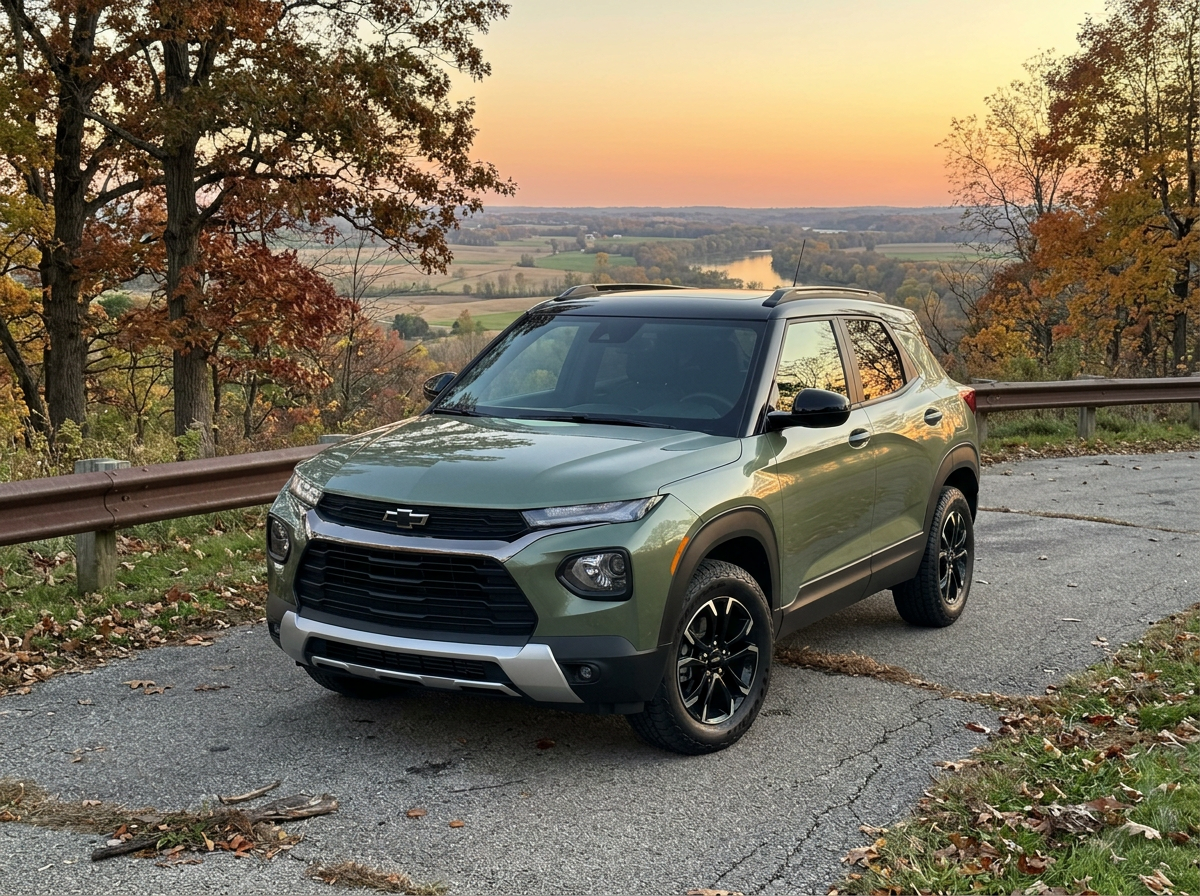 Green Chevrolet Trailblazer SUV parked on a scenic roadside overlook at autumn sunset. (Representative image for illustration purposes only. Actual vehicle may vary based on trim and configuration.)