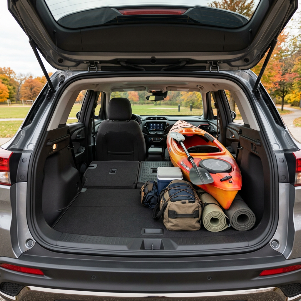 Open trunk of a grey SUV loaded with an orange kayak, paddle, duffel bag, cooler, and rolled camping mats. (Representative image for illustration purposes only. Actual vehicle may vary based on trim and configuration.)