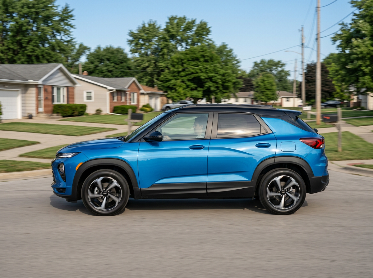 Side view of a bright blue Chevrolet Trailblazer driving through a suburban neighborhood. (Representative image for illustration purposes only. Actual vehicle may vary based on trim and configuration.)