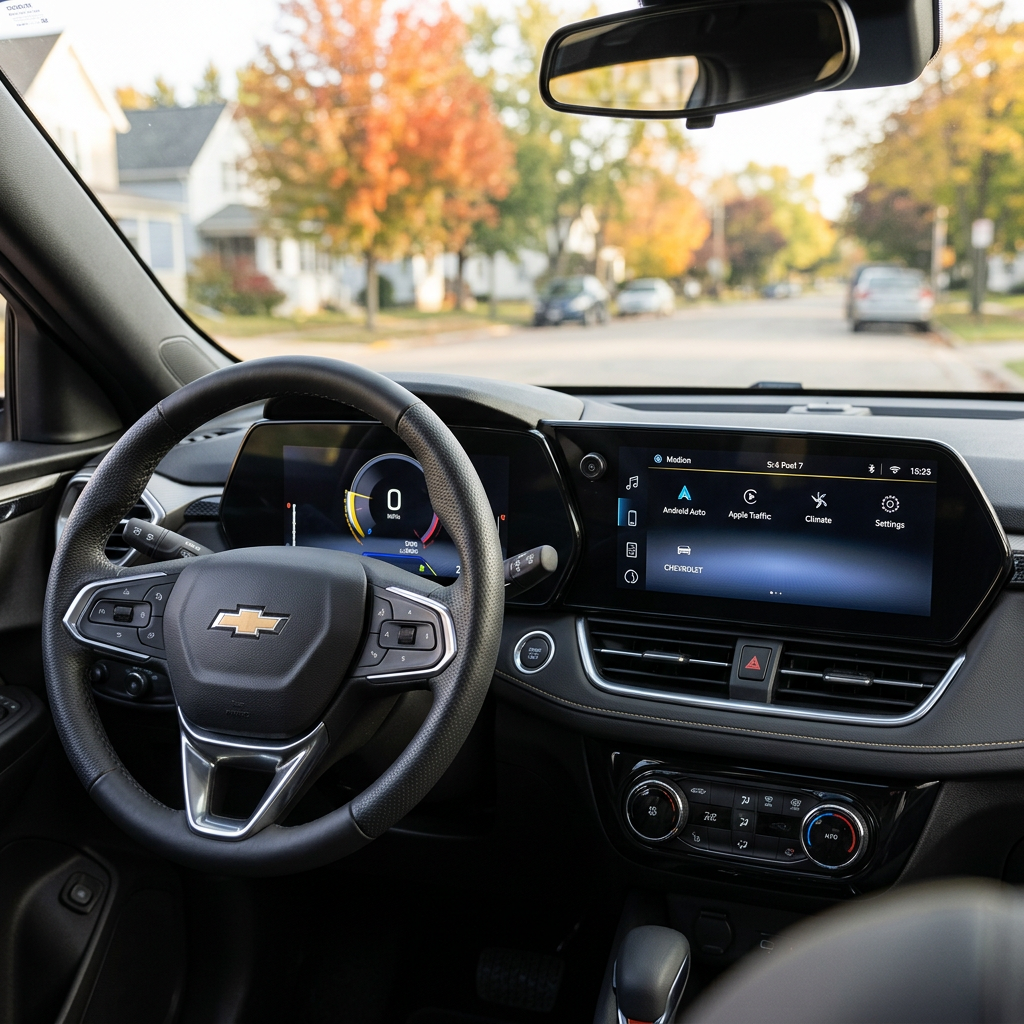 Driver's perspective inside a modern Chevrolet featuring digital dashboard screens and an autumn street view. (Representative image for illustration purposes only. Actual vehicle may vary based on trim and configuration.)