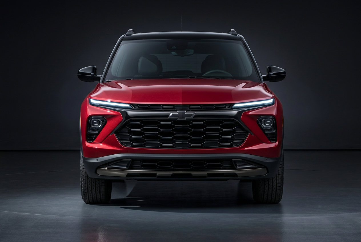 Front view of a metallic red Chevrolet SUV with a black grille and LED lights against a dark studio background. (Representative image for illustration purposes only. Actual vehicle may vary based on trim and configuration.)