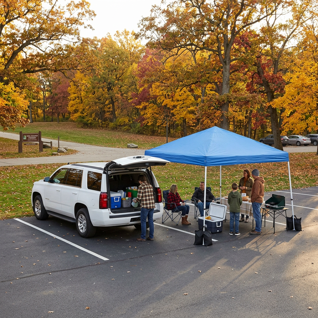 Family tailgating under a blue pop-up tent next to a white SUV in a park with colorful autumn trees. (Representative image for illustration purposes only. Actual vehicle may vary based on trim and configuration.)
