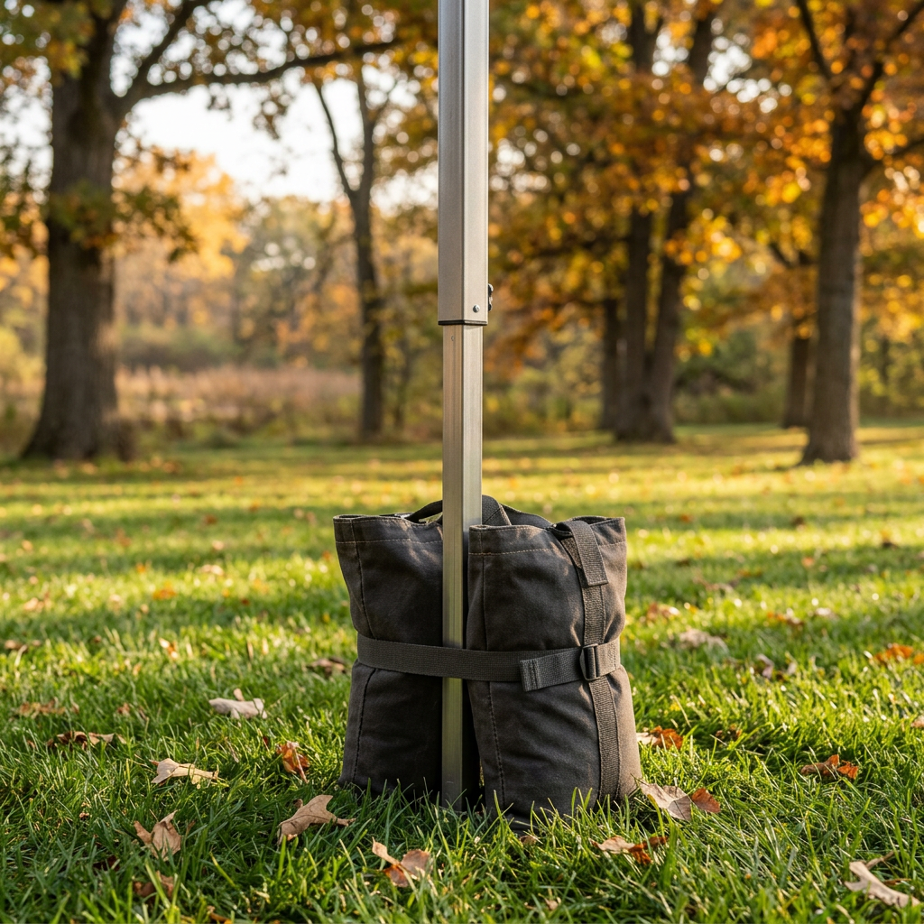 Dark canvas weight bag secured around the leg of a metal canopy tent on a grassy lawn in autumn. (Representative image for illustration purposes only. Actual vehicle may vary based on trim and configuration.)