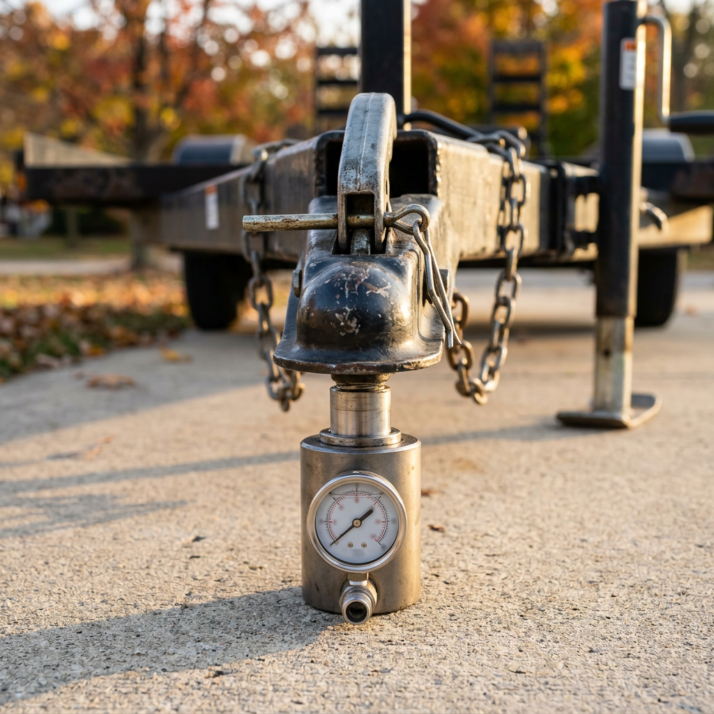A trailer hitch coupler resting on a cylindrical tongue weight scale with a round pressure dial gauge on concrete. (Representative image for illustration purposes only. Actual vehicle may vary based on trim and configuration.)