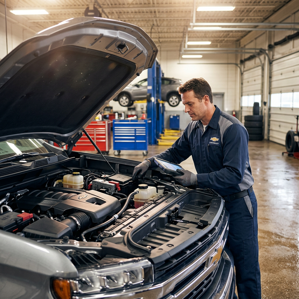 Chevrolet mechanic using a diagnostic tablet to inspect a truck engine in an auto service garage. (Representative image for illustration purposes only. Actual vehicle may vary based on trim and configuration.)