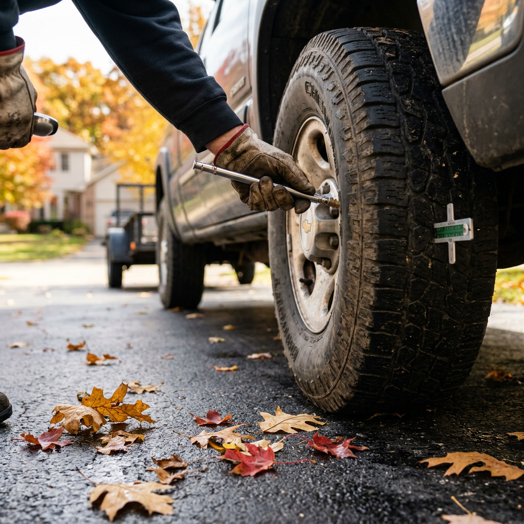 A gloved hand pressing a tire pressure gauge onto the valve stem of a truck tire on an autumn driveway. (Representative image for illustration purposes only. Actual vehicle may vary based on trim and configuration.)