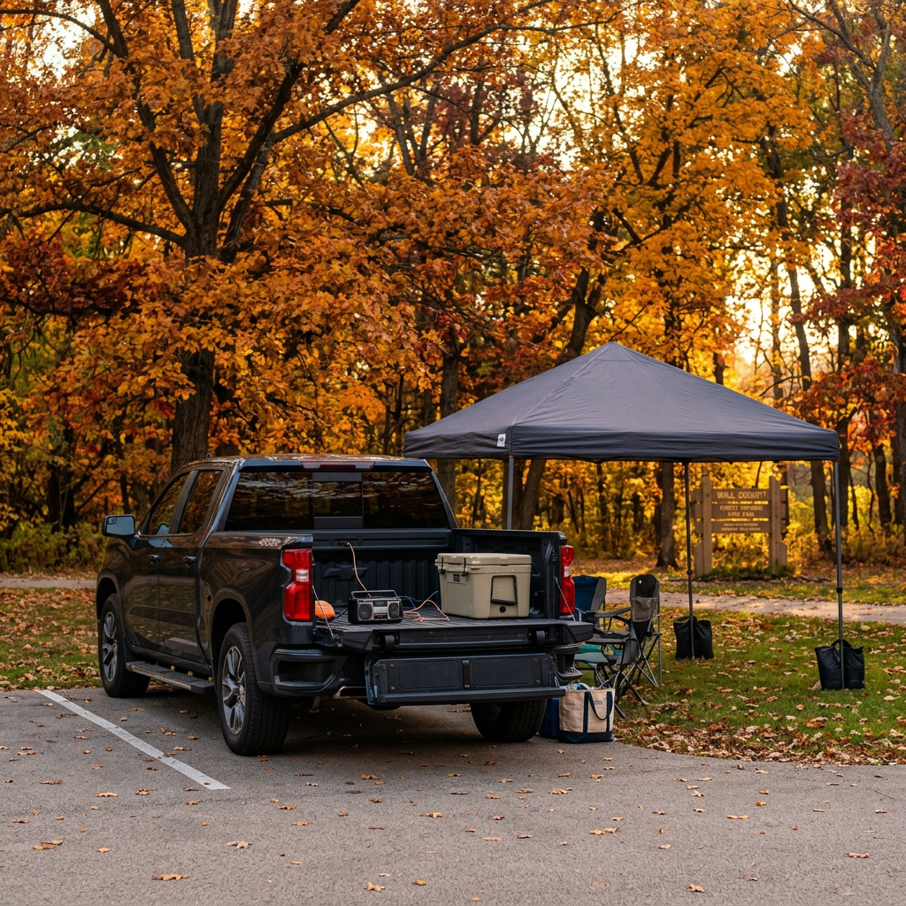A dark pickup truck parked in an autumn forest with its tailgate down, next to a pop-up canopy tent and camp chairs. (Representative image for illustration purposes only. Actual vehicle may vary based on trim and configuration.)