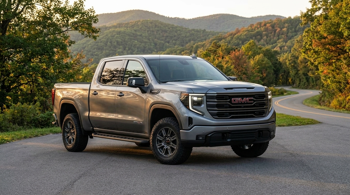 Silver GMC Sierra pickup truck parked on a road shoulder with a scenic mountain backdrop. (Representative image for illustration purposes only. Actual vehicle may vary based on trim and configuration.)