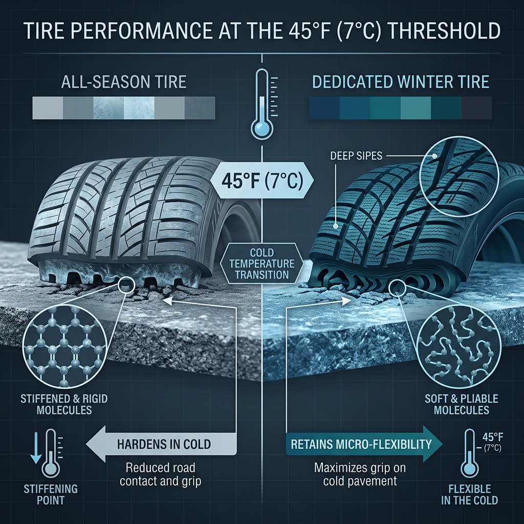 Infographic comparing all-season and dedicated winter tire molecular flexibility and grip at 45 degrees Fahrenheit. (Representative image for illustration purposes only. Actual vehicle may vary based on trim and configuration.)
