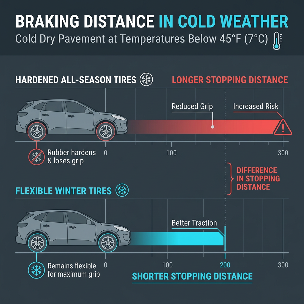 Infographic comparing braking distances of hardened all-season tires versus flexible winter tires in cold weather. (Representative image for illustration purposes only. Actual vehicle may vary based on trim and configuration.)