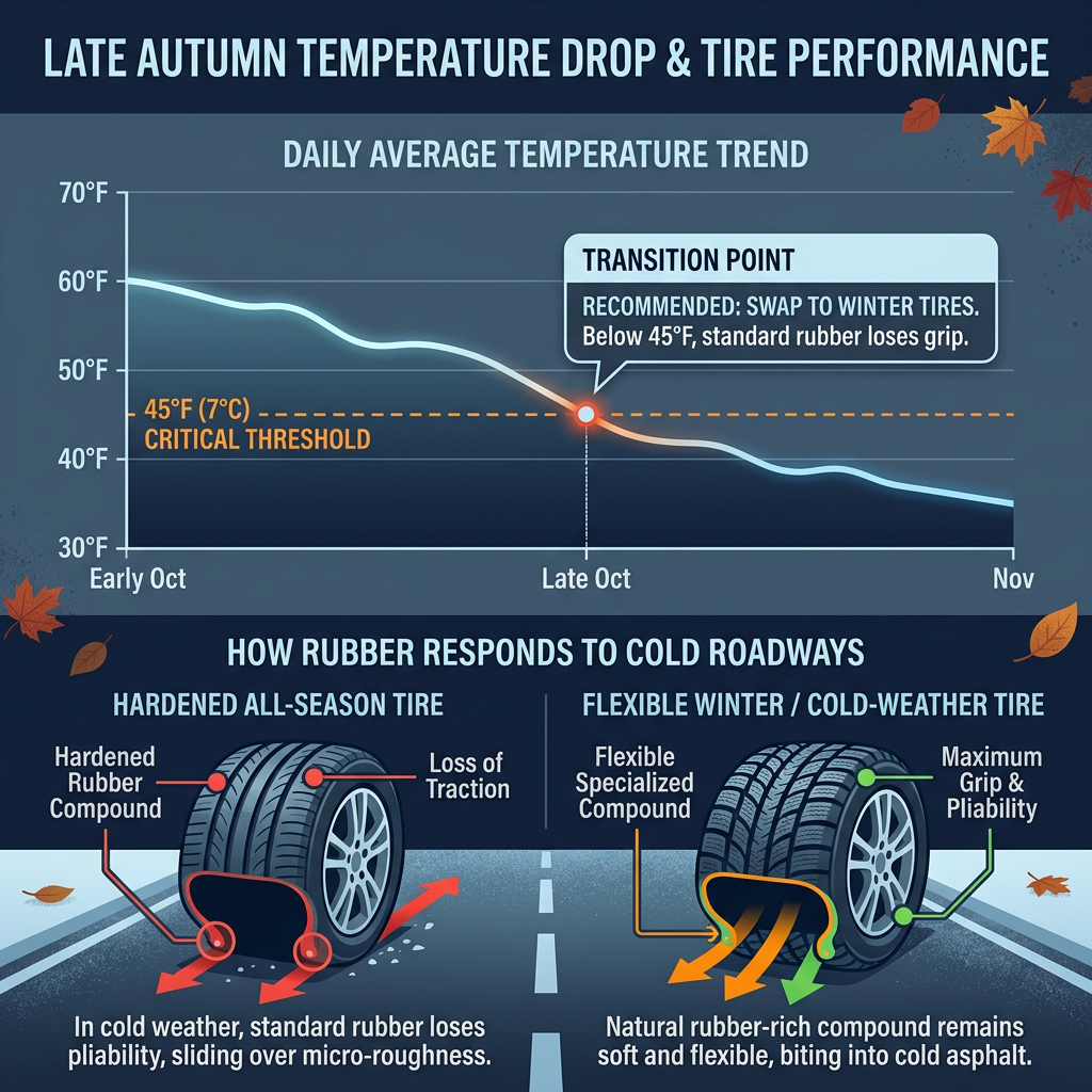 Infographic detailing tire performance drops below 45°F and comparing hardened all-season tires to flexible winter tires. (Representative image for illustration purposes only. Actual vehicle may vary based on trim and configuration.)