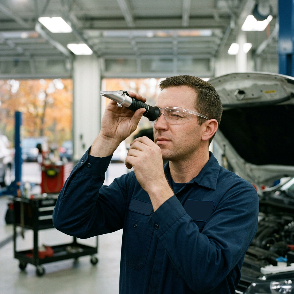 Mechanic looking through a handheld refractometer to check vehicle fluid concentration in an auto shop. (Representative image for illustration purposes only. Actual vehicle may vary based on trim and configuration.)