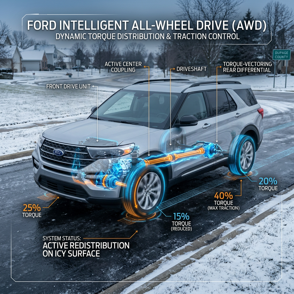 Diagram showing Ford's intelligent AWD torque distribution across four wheels on an icy road. (Representative image for illustration purposes only. Actual vehicle may vary based on trim and configuration.)