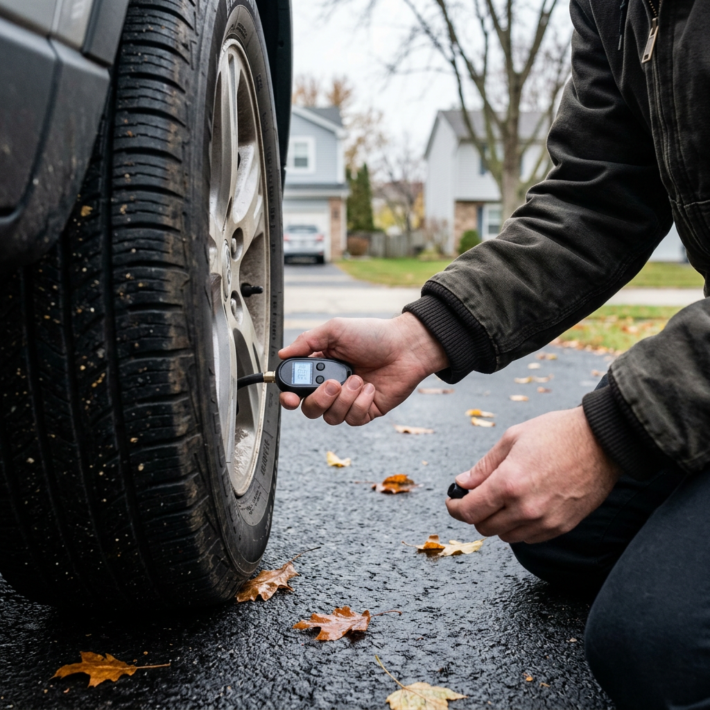A person kneeling outdoors on a wet driveway to check car tire air pressure with a digital gauge. (Representative image for illustration purposes only. Actual vehicle may vary based on trim and configuration.)