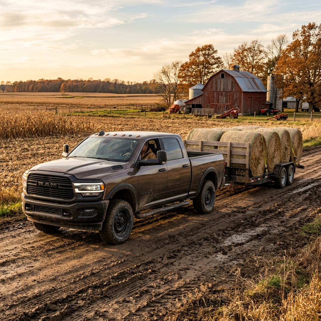 Brown Ram heavy-duty truck towing round hay bales on a trailer down a muddy dirt road on a farm. (Representative image for illustration purposes only. Actual vehicle may vary based on trim and configuration.)