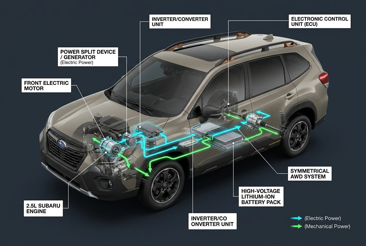 Cutaway diagram of a Subaru hybrid SUV showing the engine, electric motor, battery pack, and AWD system. (Representative image for illustration purposes only. Actual vehicle may vary based on trim and configuration.)