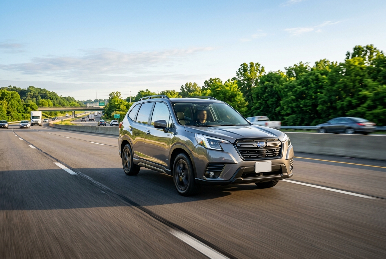 A dark grey Subaru Forester SUV driving along a multi-lane highway with motion blur effect. (Representative image for illustration purposes only. Actual vehicle may vary based on trim and configuration.)