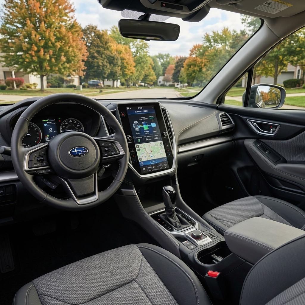 Interior view of a Subaru vehicle dashboard, steering wheel, and central touchscreen on a suburban road in autumn. (Representative image for illustration purposes only. Actual vehicle may vary based on trim and configuration.)