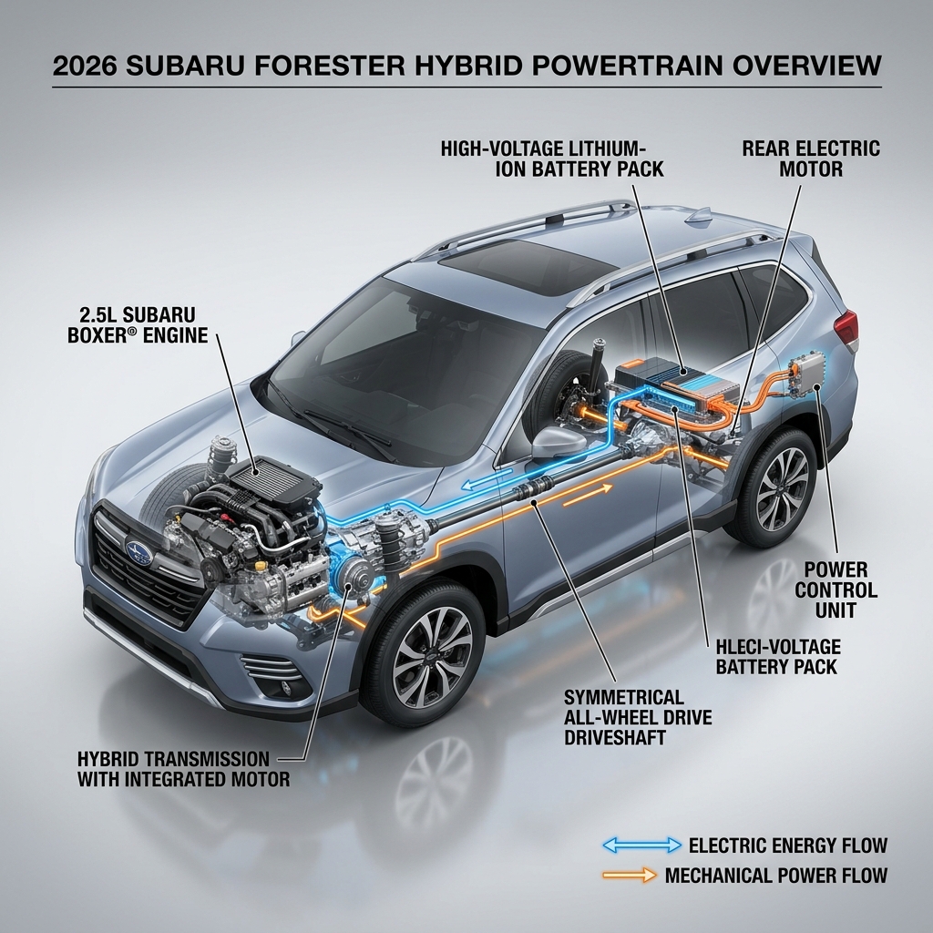 Cutaway diagram of a Subaru Forester Hybrid showing engine, battery pack, driveshaft, and electric energy flow. (Representative image for illustration purposes only. Actual vehicle may vary based on trim and configuration.)