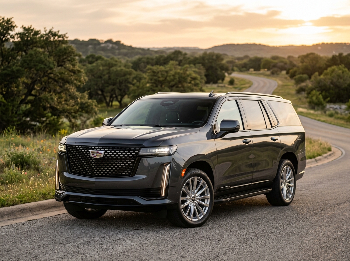 A dark gray Cadillac Escalade luxury SUV parked on a winding country road at sunset. (Representative image for illustration purposes only. Actual vehicle may vary based on trim and configuration.)