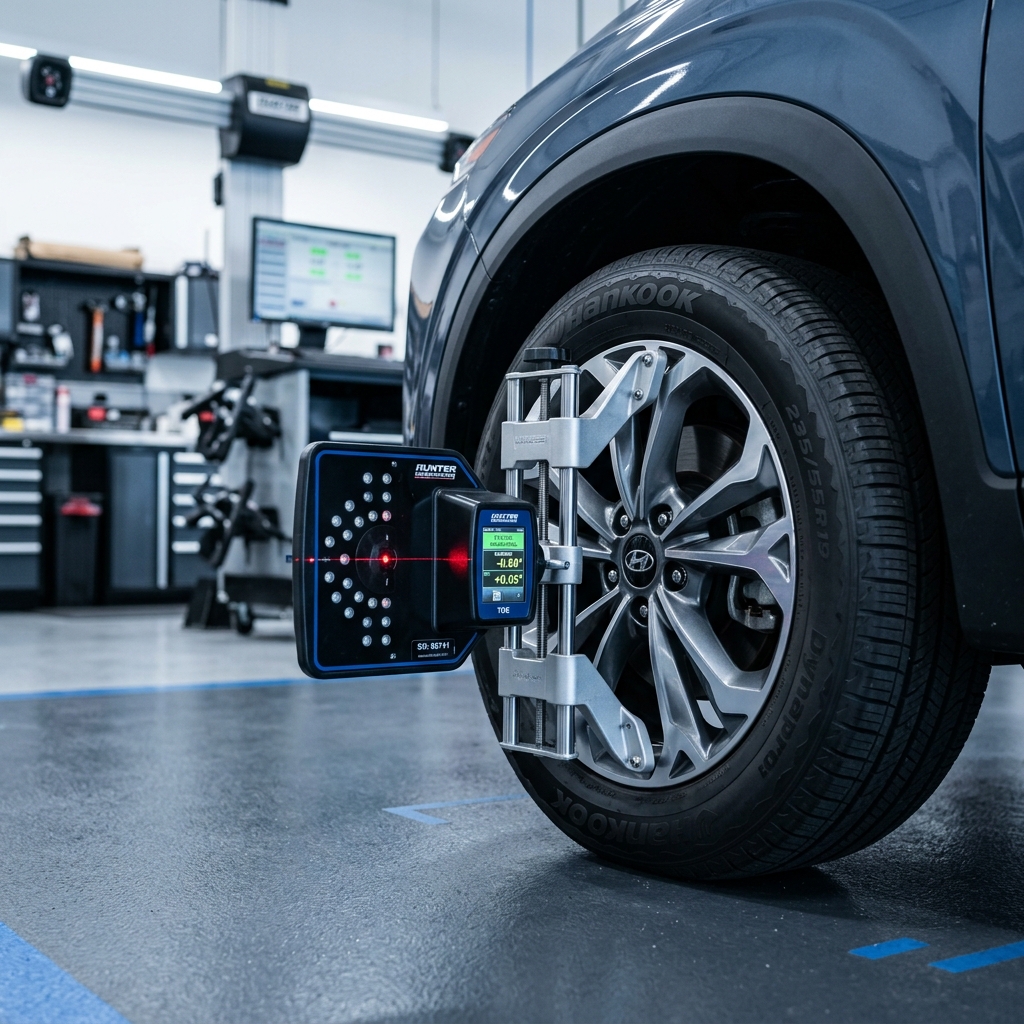 Digital wheel alignment tool clamped to a car tire inside an automotive service center. (Representative image for illustration purposes only. Actual vehicle may vary based on trim and configuration.)