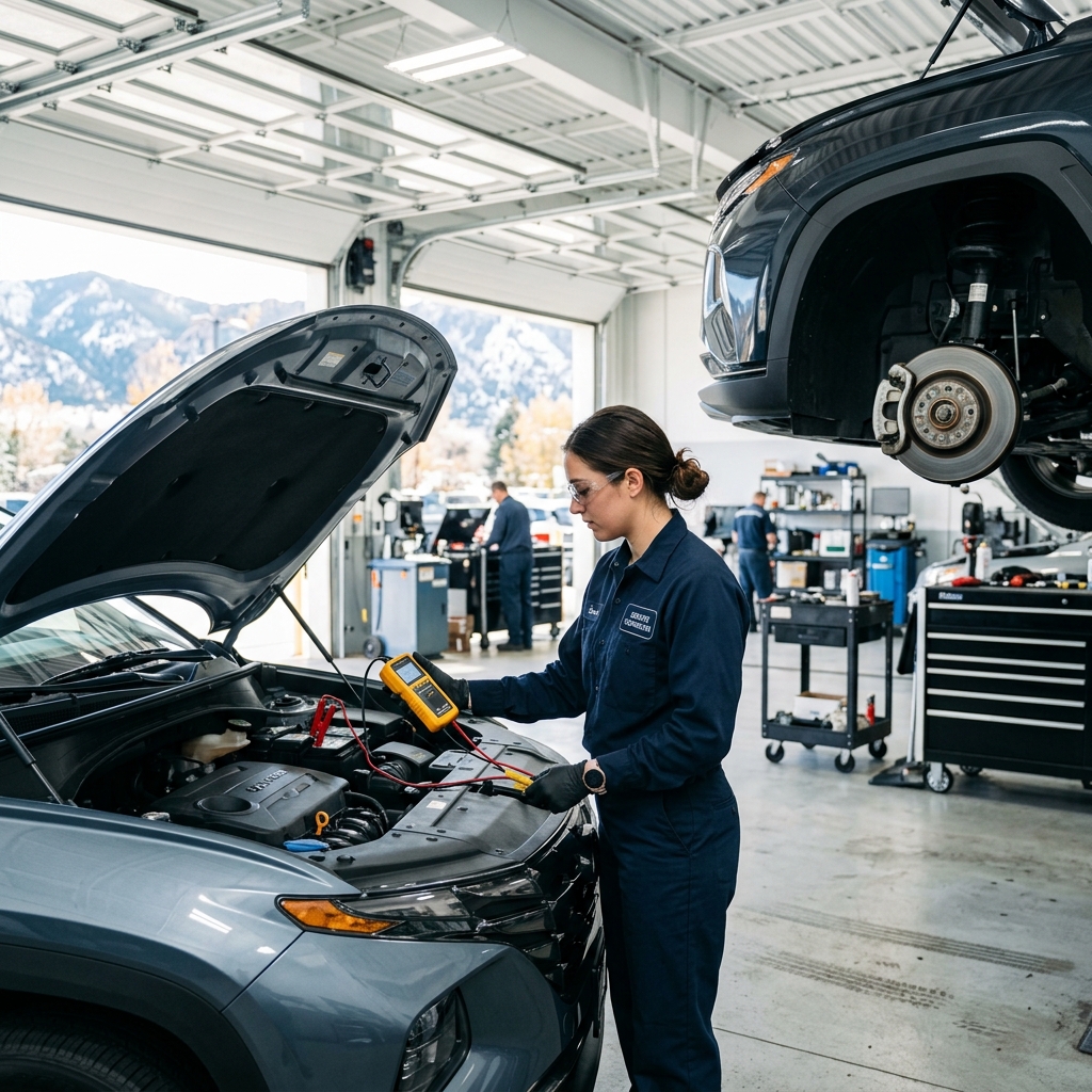 Female mechanic in a blue uniform testing a car battery using a diagnostic tool under the open hood in a garage. (Representative image for illustration purposes only. Actual vehicle may vary based on trim and configuration.)