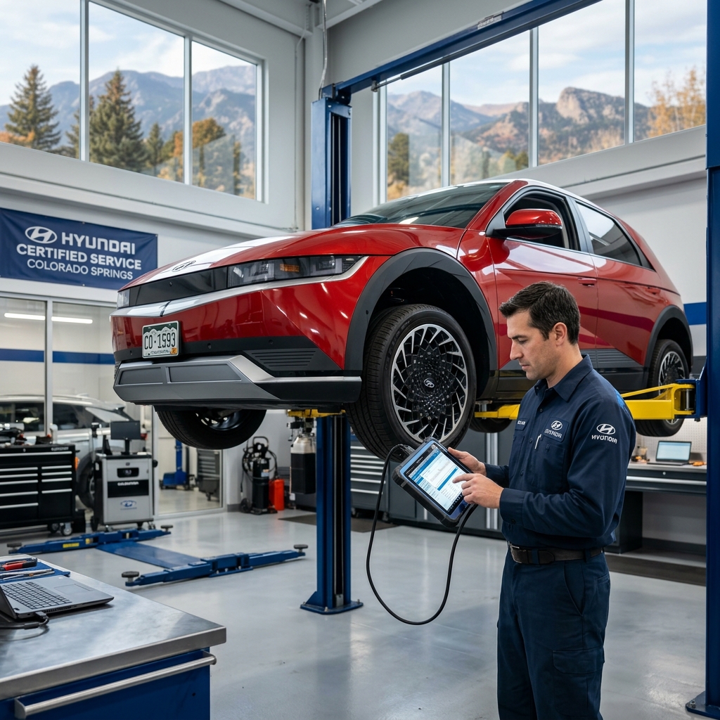 A Hyundai technician uses a diagnostic tablet while inspecting a red electric vehicle raised on a hydraulic lift. (Representative image for illustration purposes only. Actual vehicle may vary based on trim and configuration.)