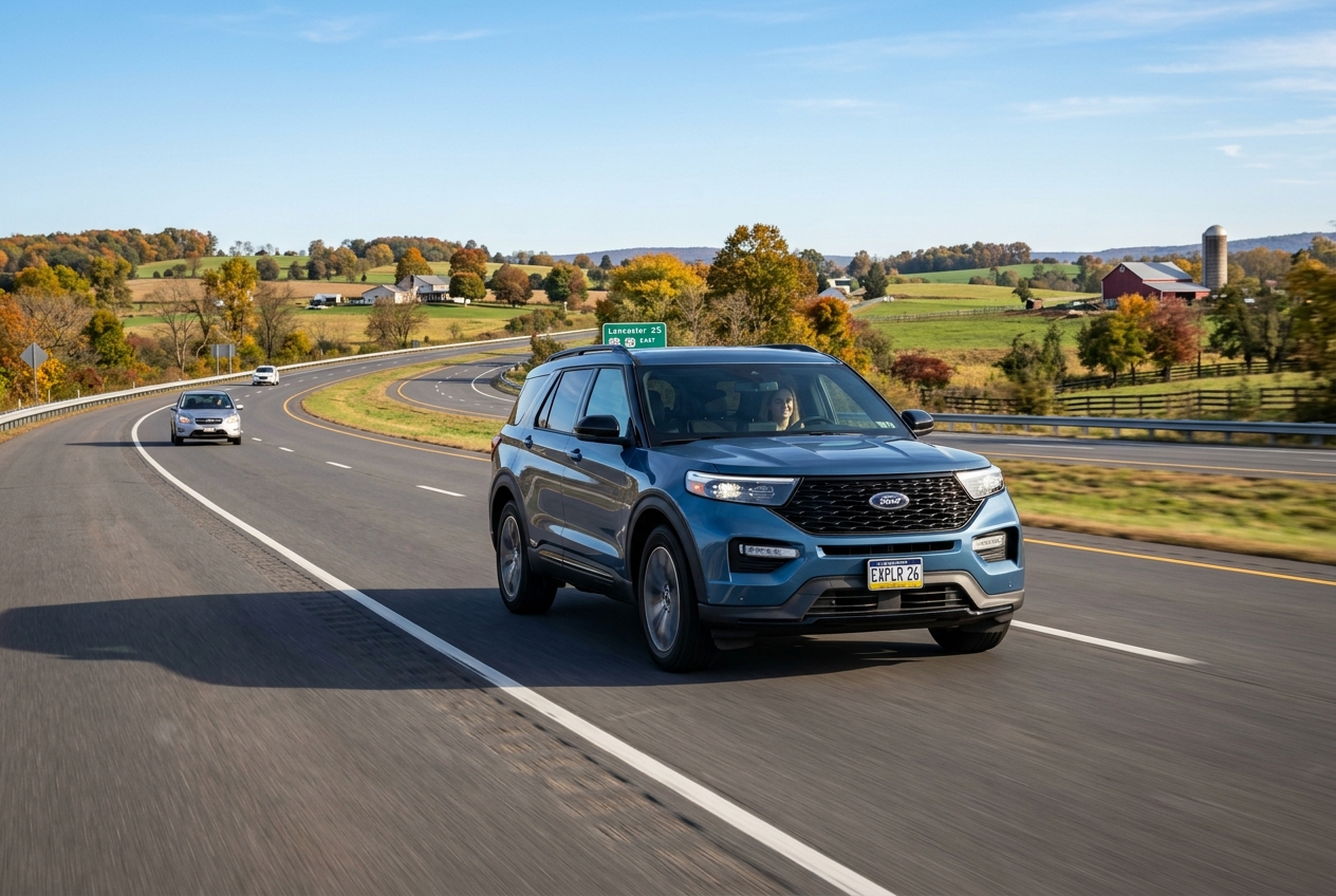A blue Ford Explorer SUV driving down a scenic rural highway with autumn trees and farmland in the background. (Representative image for illustration purposes only. Actual vehicle may vary based on trim and configuration.)