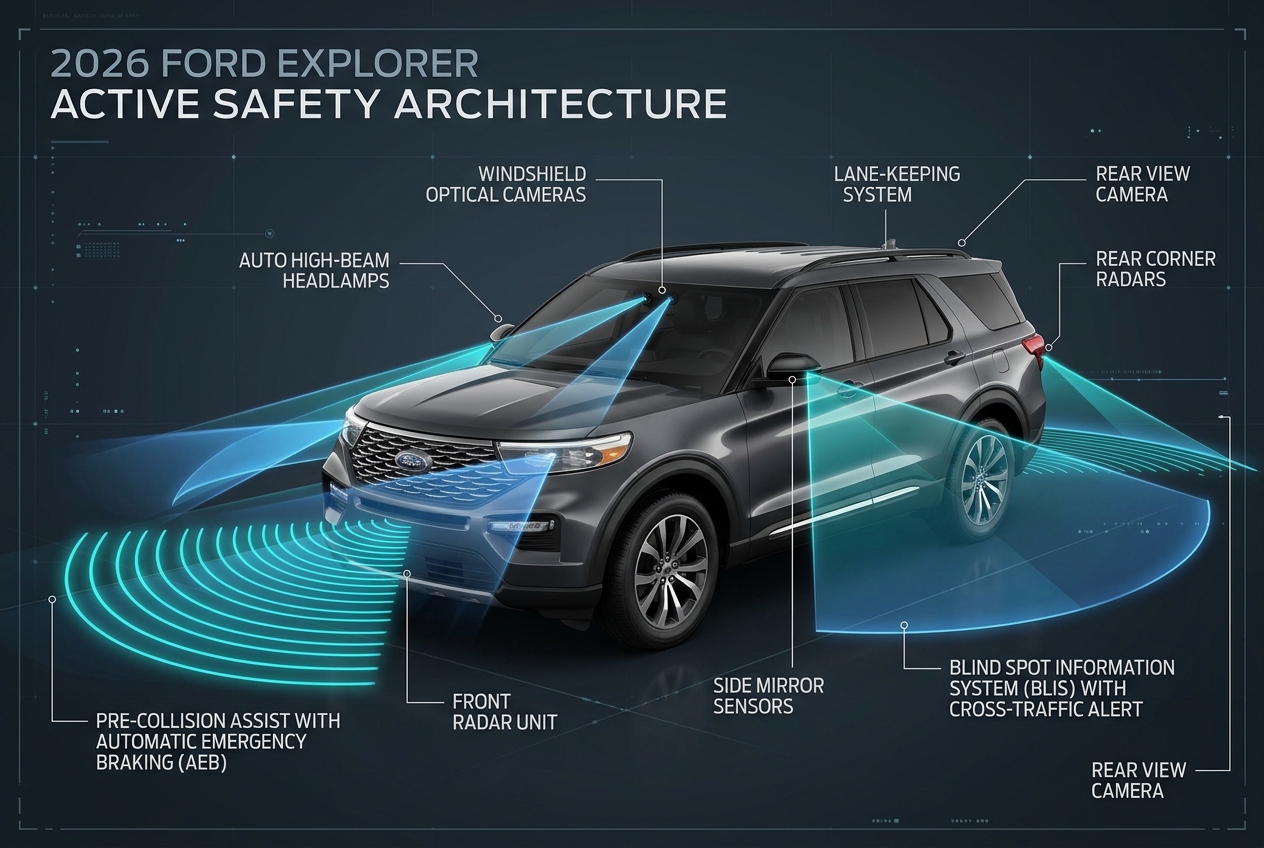 Diagram illustrating active safety sensor and camera coverage zones on a Ford Explorer. (Representative image for illustration purposes only. Actual vehicle may vary based on trim and configuration.)