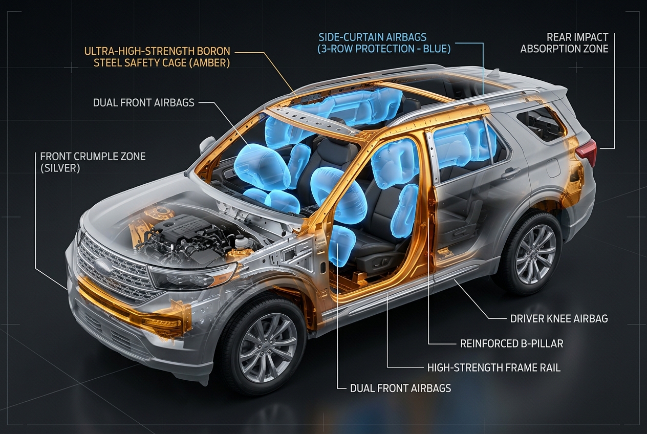 Cutaway diagram of an SUV highlighting high-strength structure, airbags, and crumple zones. (Representative image for illustration purposes only. Actual vehicle may vary based on trim and configuration.)