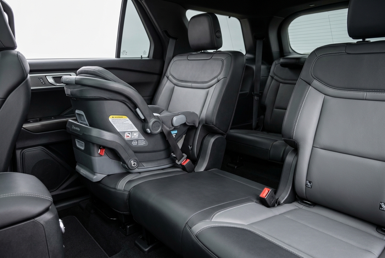 Infant car seat securely installed on the second-row passenger seat of a modern SUV. (Representative image for illustration purposes only. Actual vehicle may vary based on trim and configuration.)