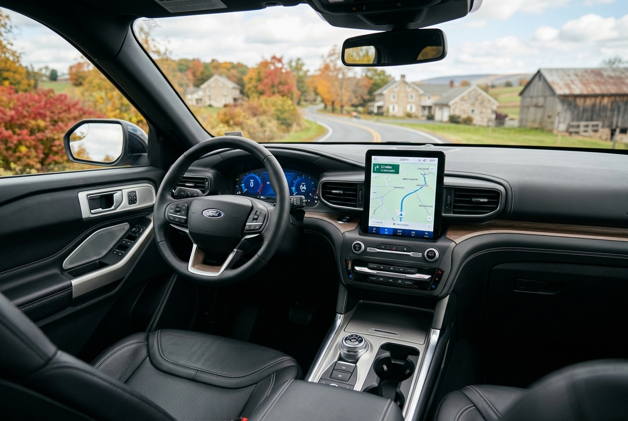 View from the driver's seat of a Ford vehicle navigating a winding rural road in autumn. (Representative image for illustration purposes only. Actual vehicle may vary based on trim and configuration.)