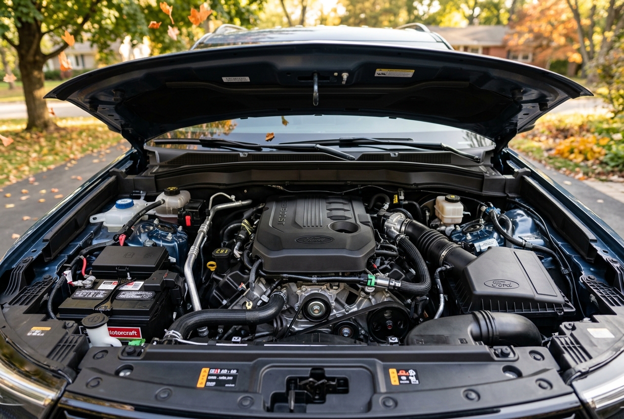 Close-up of a modern Ford EcoBoost engine under an open hood. (Representative image for illustration purposes only. Actual vehicle may vary based on trim and configuration.)