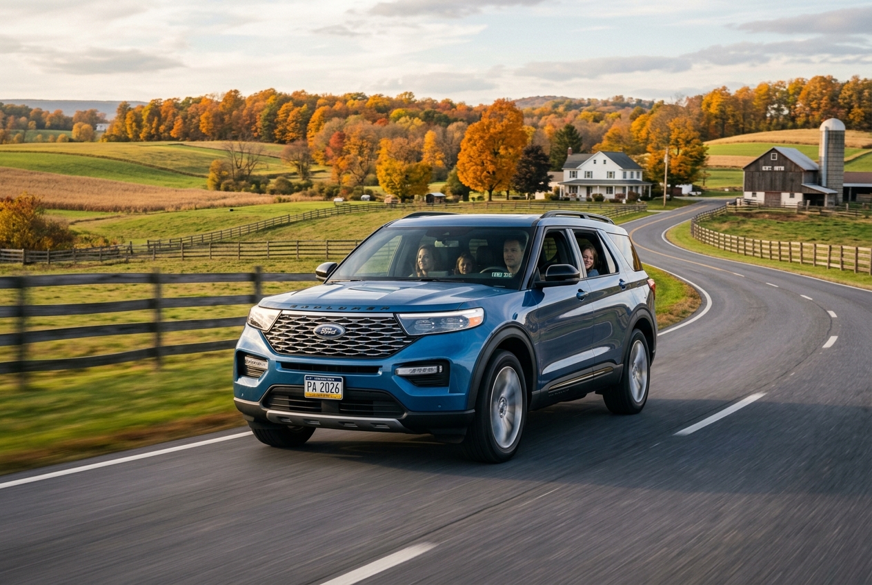 A blue Ford Explorer SUV driving down a scenic rural road surrounded by colorful autumn foliage and farmland. (Representative image for illustration purposes only. Actual vehicle may vary based on trim and configuration.)