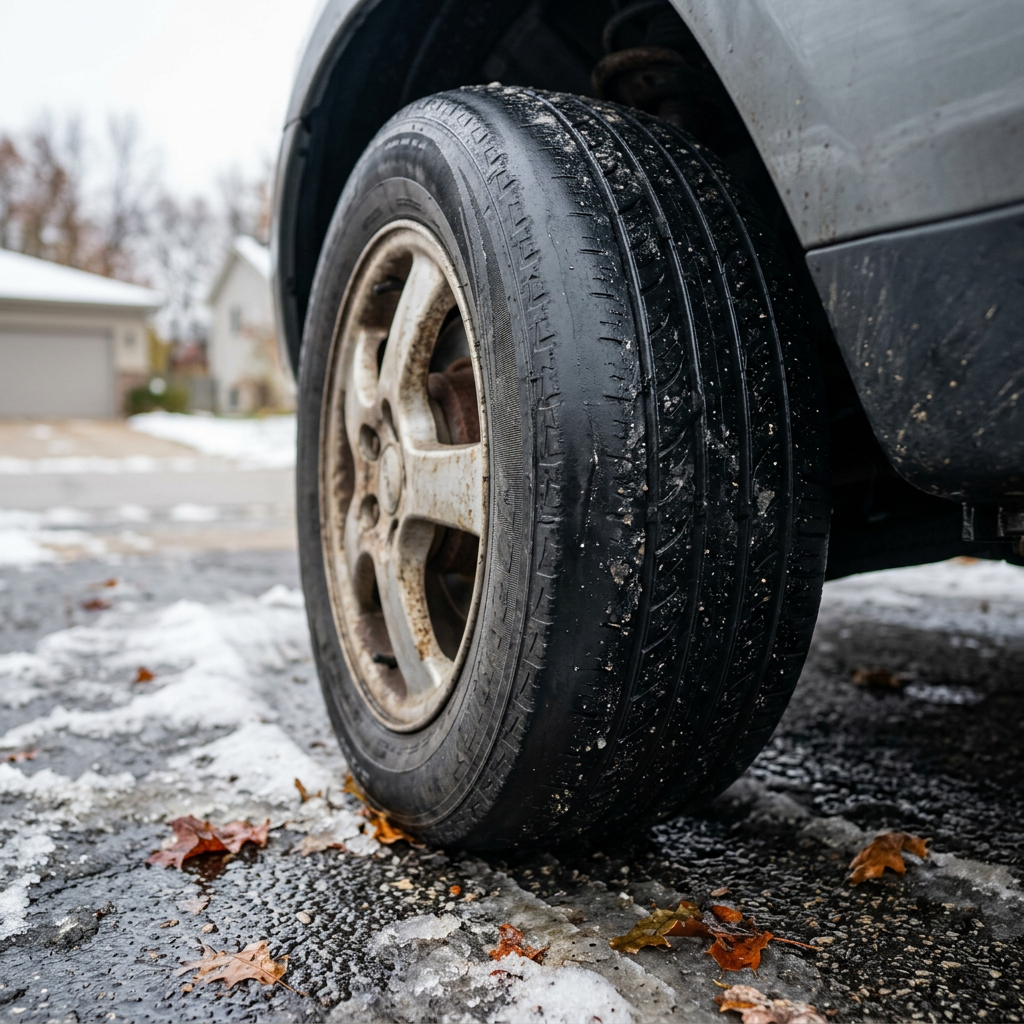 Close-up of a car tire with severe outer edge tread wear parked on a wet, snowy asphalt driveway. (Representative image for illustration purposes only. Actual vehicle may vary based on trim and configuration.)