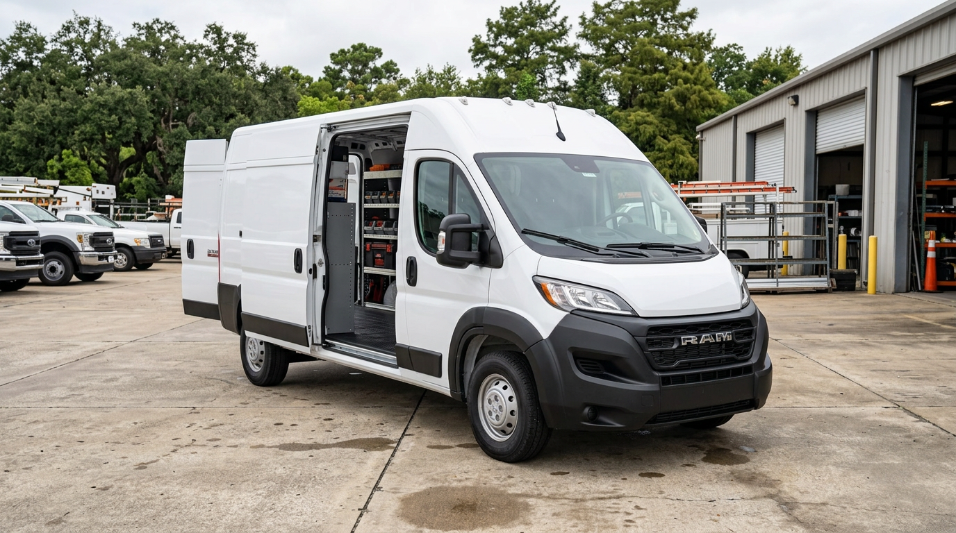 White RAM ProMaster commercial cargo van with open side door parked outside a facility. (Representative image for illustration purposes only. Actual vehicle may vary based on trim and configuration.)
