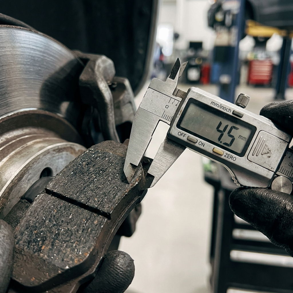 Mechanic measuring the remaining thickness of a worn brake pad using a digital caliper reading 4.5 mm. (Representative image for illustration purposes only. Actual vehicle may vary based on trim and configuration.)