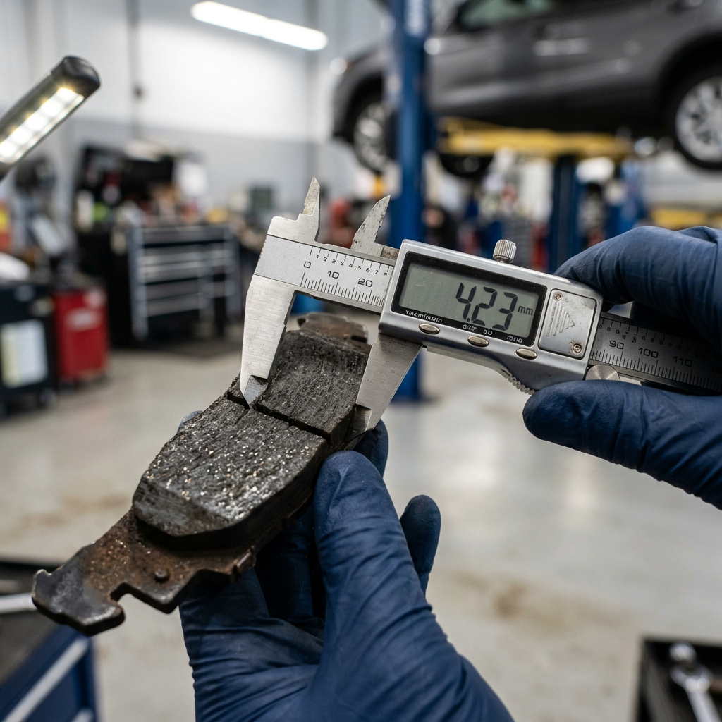 Gloved mechanic using a digital caliper to measure a worn vehicle brake pad showing 4.23 mm thickness. (Representative image for illustration purposes only. Actual vehicle may vary based on trim and configuration.)
