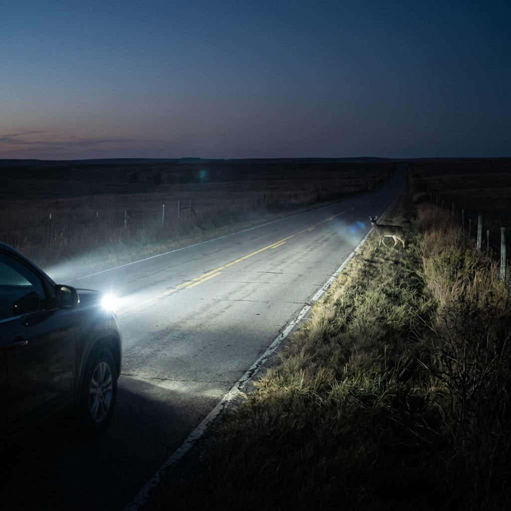 Car headlights illuminating a deer standing on the side of a rural two-lane road at dusk. (Representative image for illustration purposes only. Actual vehicle may vary based on trim and configuration.)