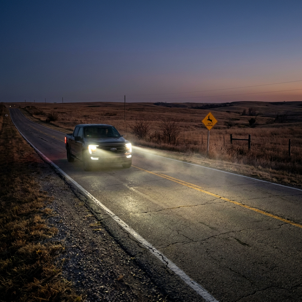 A Ford pickup truck driving down a rural country road at dusk with its headlights illuminating the path ahead. (Representative image for illustration purposes only. Actual vehicle may vary based on trim and configuration.)