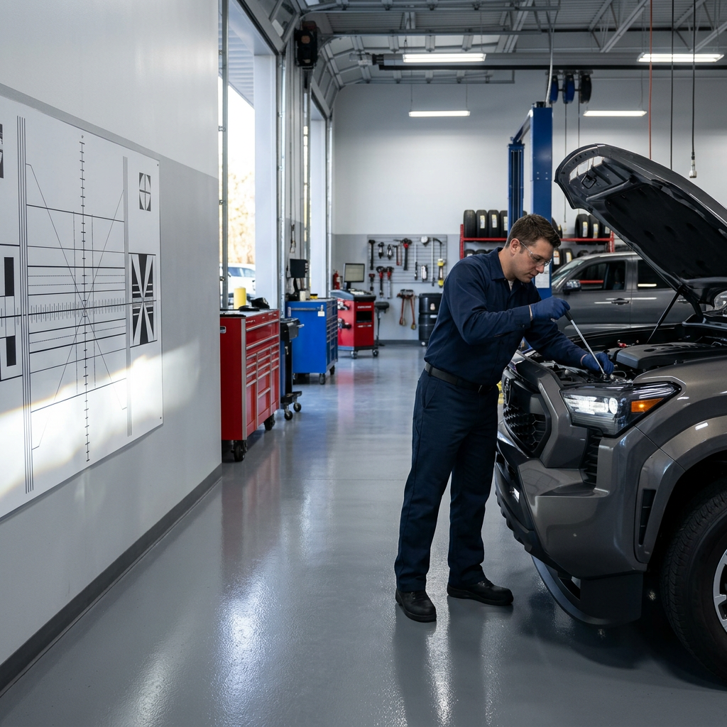 Auto mechanic adjusting headlight beam alignment on a pickup truck using a target chart on the wall. (Representative image for illustration purposes only. Actual vehicle may vary based on trim and configuration.)