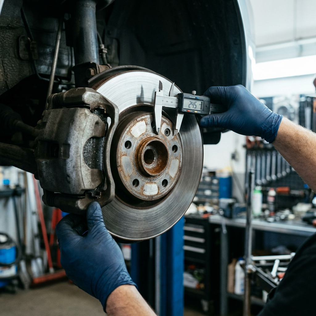Mechanic in blue gloves measuring a car's brake rotor with a digital caliper in an auto repair shop. (Representative image for illustration purposes only. Actual vehicle may vary based on trim and configuration.)