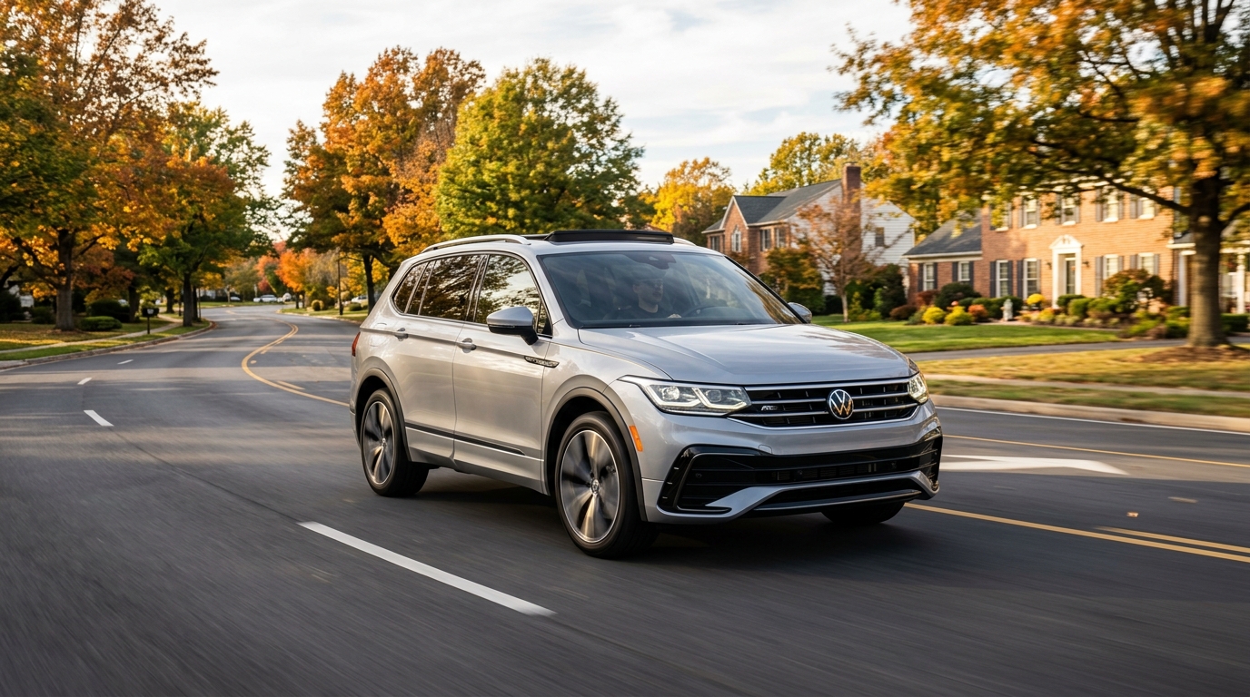 Silver Volkswagen Tiguan driving down a tree-lined suburban street in autumn. (Representative image for illustration purposes only. Actual vehicle may vary based on trim and configuration.)